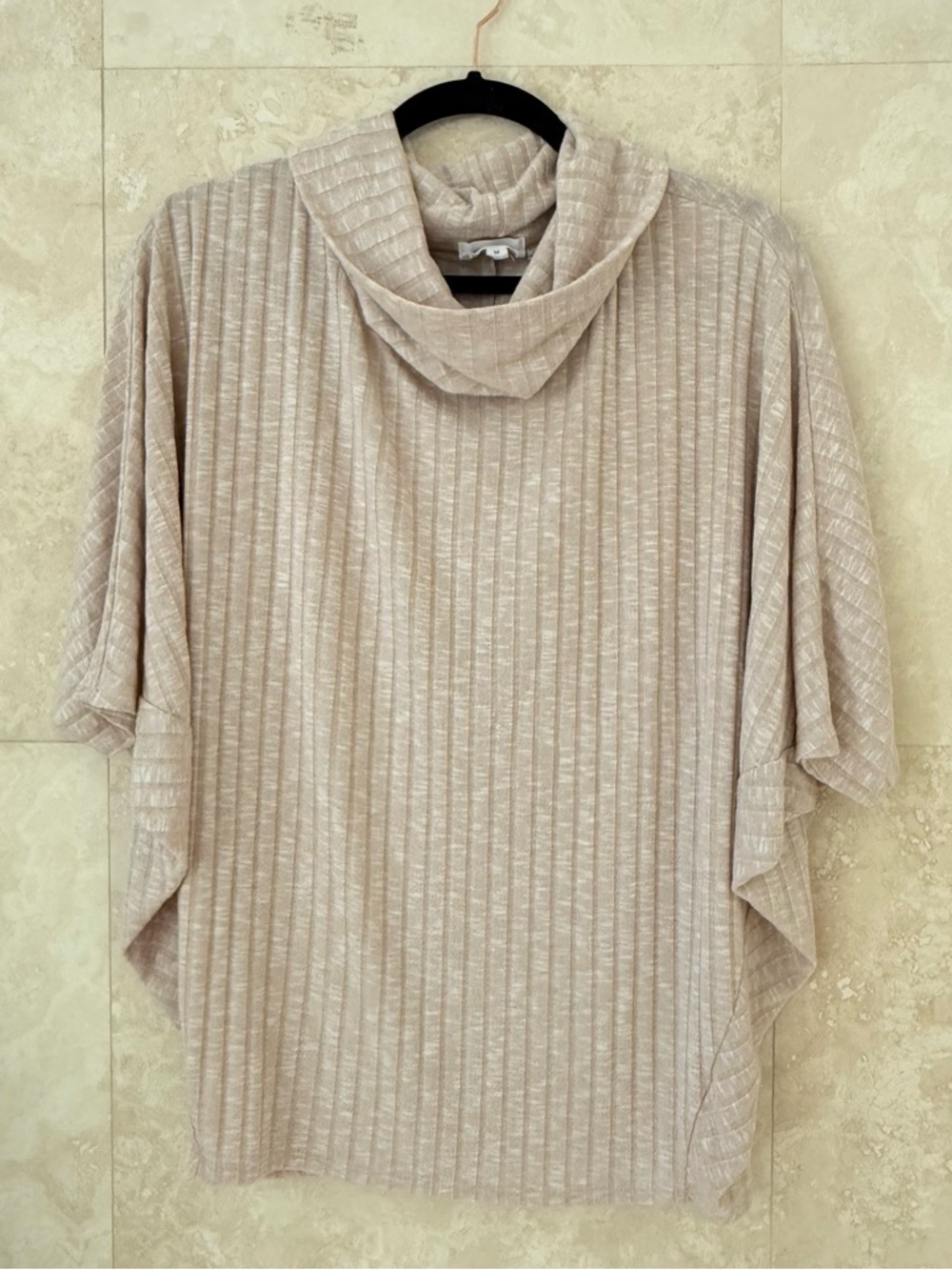 Emma & Olivia Beige Ribbed Cowl Neck Poncho Sweater Short Sleeve Medium EUC